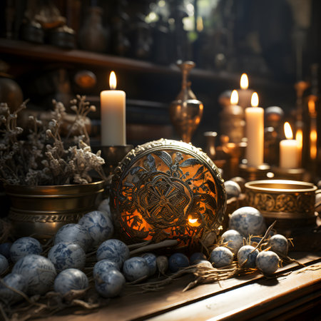 Easter still life with candlestick, Easter eggs and candlesの素材