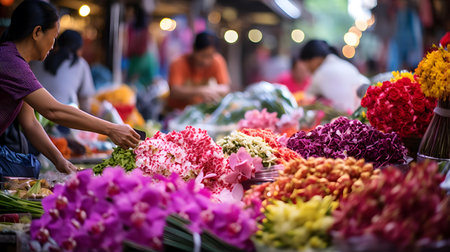 Flower market in Bangkok, Thailand. Thai people selling flowers.の素材