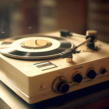 Vintage turntable vinyl record player. Retro music concept.の素材