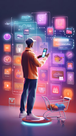young man using mobile phone with shopping cart on purple background, online shopping conceptの素材