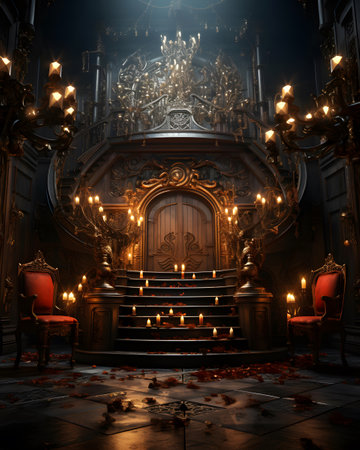 Interior of the church at night. 3D rendering. Computer digital drawing.の素材