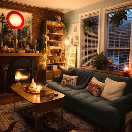 Interior of a living room with fireplace and Christmas decorations.の素材