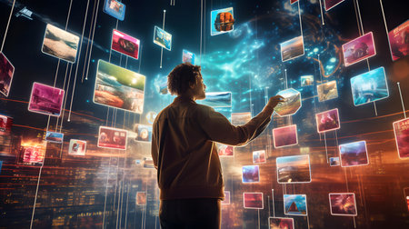 Back view of young businessman touching abstract screen with digital images. Mixed mediaの素材