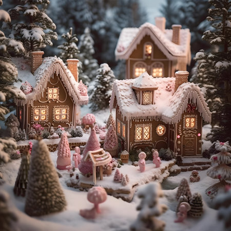 Gingerbread houses in the snow in the forest. Christmas concept.の素材