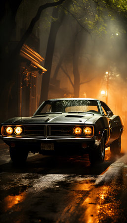 Old car in a foggy city street at night. Artwork decoration.の素材
