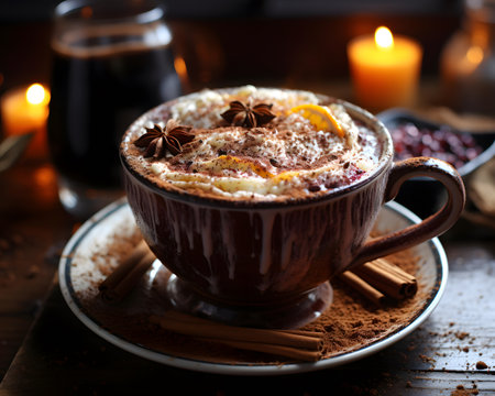 Cup of coffee with orange and cinnamon on a wooden background.の素材