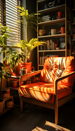 Photo pour Interior of living room with orange armchair, bookshelf and plants - image libre de droit