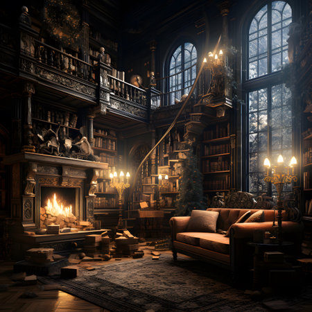 Luxury interior of the living room with a fireplace and a sofaの素材