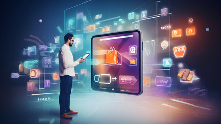 Man holding tablet with app icons and symbols on the device screen conceptの素材