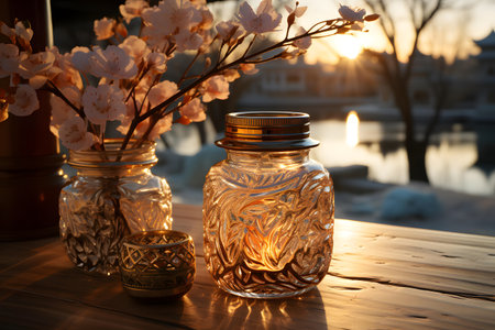 Candles in glass jars on a wooden table against the background of the sunset.の素材