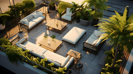 3d render of a modern terrace with garden furniture and palm treesの素材