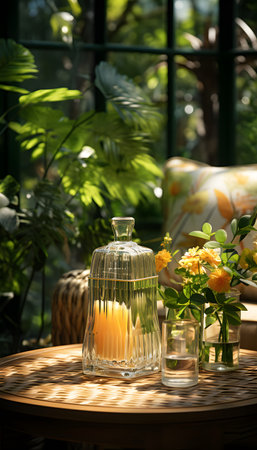 Vase with beautiful flowers on table in garden, space for textの素材