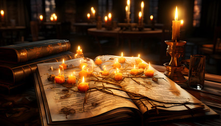 Burning candles on the old book in the church, conceptual imageの素材