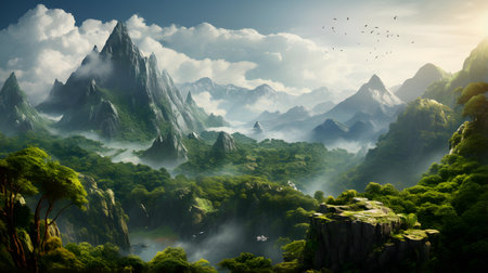 Beautiful fantasy landscape with fog in the mountains. 3d renderingの素材