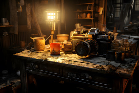 Retro camera on the table with lamp in the background at nightの素材