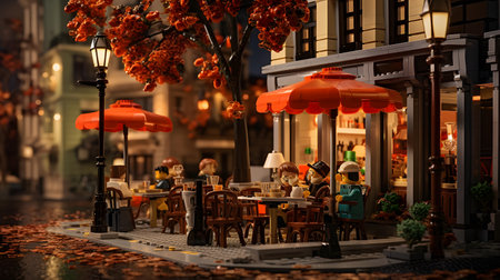 Miniature scale model of street cafe at nightの素材