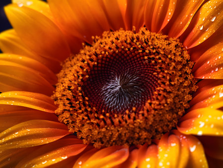 Close up of a sunflower with water droplets on petalsの素材