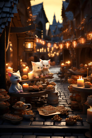 Cute white cat in the old town at night with candles.の素材