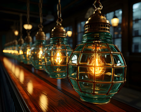 Vintage lanterns in the interior of a cafe. 3D renderingの素材