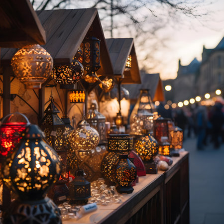 Christmas market in Prague, Czech Republic. Decorated with glass and metal lanterns.の素材