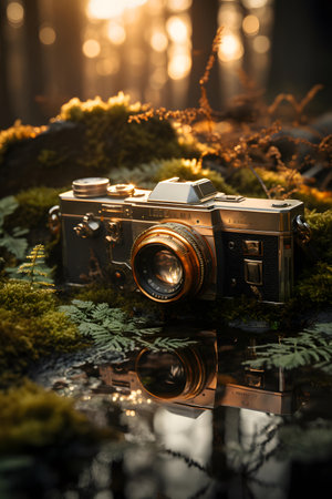 Old retro camera on moss background. Selective focus. Shallow depth of field.の素材
