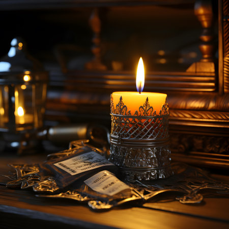 Burning candle in a candlestick on the background of an old book.の素材