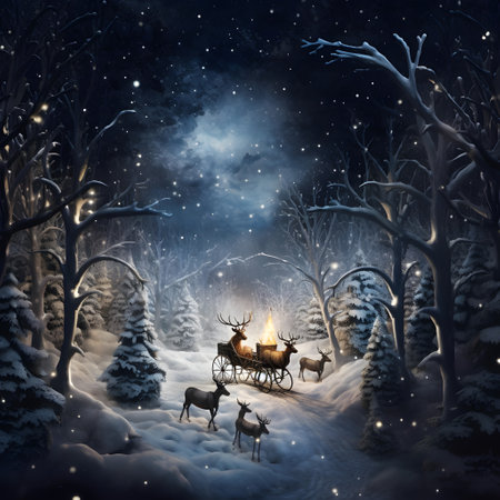 Christmas background with reindeer and Santa Claus in the winter forestの素材