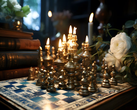 Old chess board with burning candles and flowers. Selective focus.の素材
