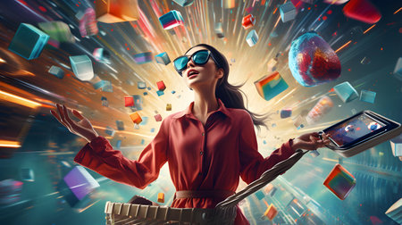 Woman in red jacket and sunglasses with tablet in hands. Mixed mediaの素材