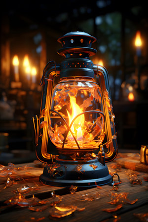 Lantern on a wooden table with burning candles in the backgroundの素材