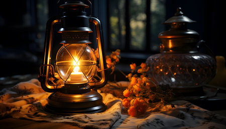 Lantern with burning candle on a wooden table in the darkの素材