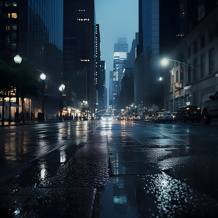 Rainy city street at night with lights and cars in motion blurの素材