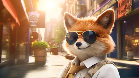 Shiba Inu dog in sunglasses on city street. 3d renderingの素材