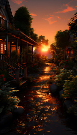 Beautiful sunset over the river in the village. 3d renderingの素材