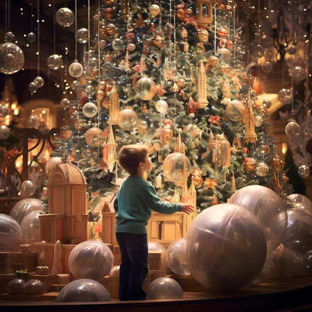 Cute little boy standing in front of the Christmas tree and looking at toys.の素材