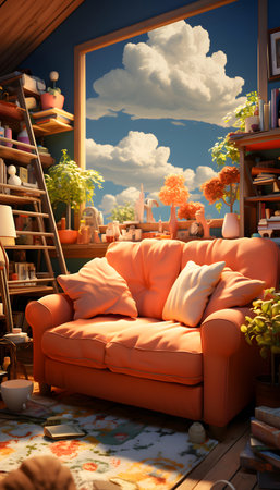 Living room with orange sofa and bookshelf. 3d renderingの素材