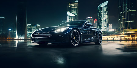 luxury black sport car on the background of the city at nightの素材