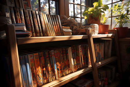 Books on shelf in library, close-up. Book store interior designの素材