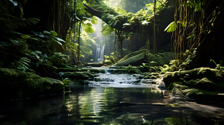 Tropical waterfall in rainforest. Toned image, long exposureの素材