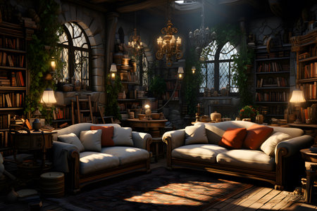 Interior of the living room in a medieval style. 3d renderingの素材