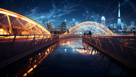 Night cityscape with illuminated bridge over the river. 3D renderingの素材