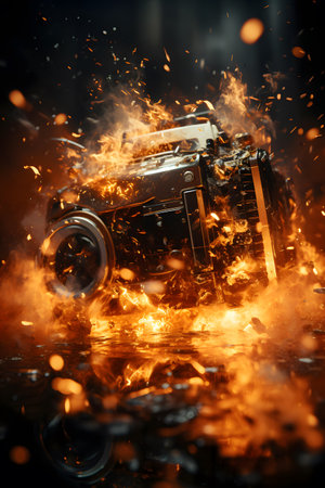Old vintage film camera in fire flames on dark background. Selective focusの素材