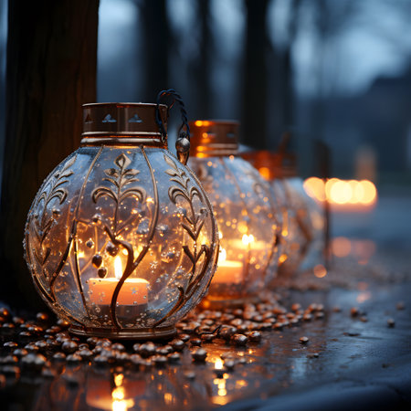 Lanterns with burning candles on the background of the forestの素材