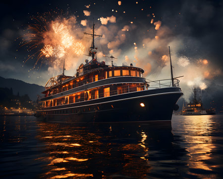 Fireworks in the night sky above the water. 3d renderingの素材