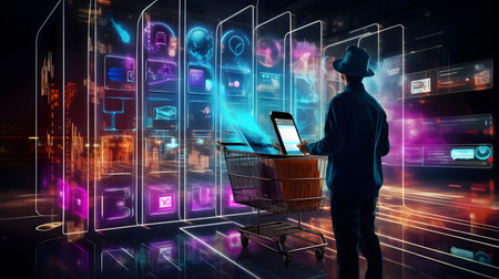 Elegant man with laptop in shopping cart against glowing technology backgroundの素材