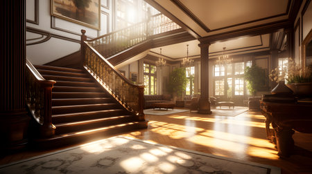 interior of a modern house with wooden stairs and sunlight. 3d renderingの素材