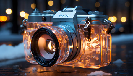 Old retro camera on wooden table in front of bokeh lightsの素材