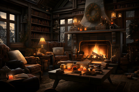 3D rendering of a fairy tale living room with a fireplace.の素材