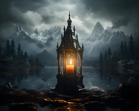 Lantern on the lake with mountains in the background. 3d renderingの素材