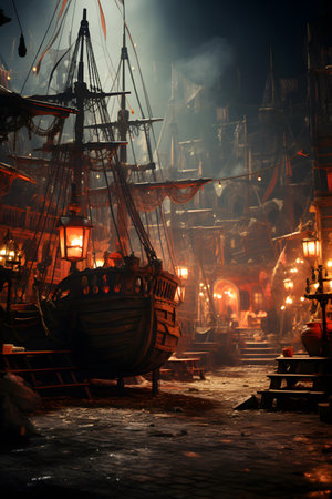 Pirate ship in the old town of Tallinn, Estonia.の素材